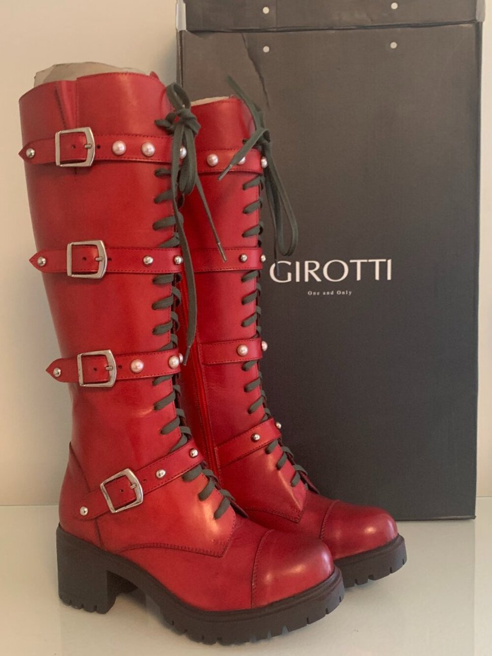 Girotti Red Leather Knee High Boots Size US 5.5